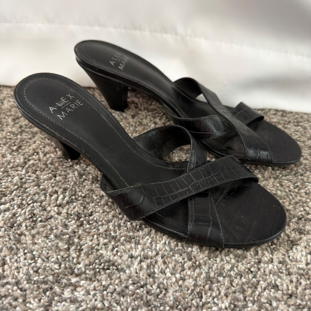 Alex Marie Black Croc Embossed Leather Slide Sandals Kitten Heel Mules Womens 7M